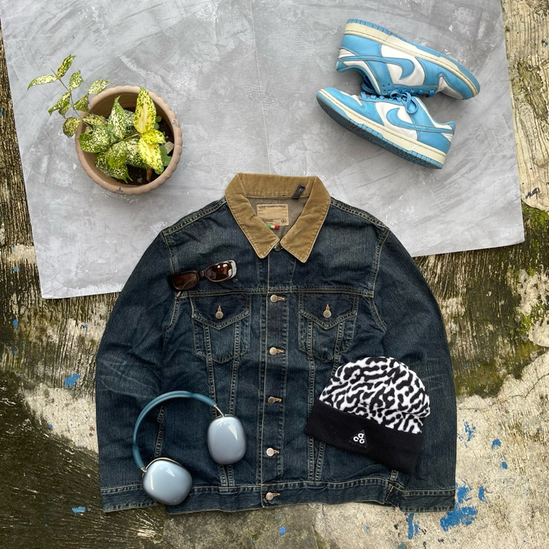 Vintage Scanner Designer Product Japanese Clothing Brand Black Washed Denim Trucker with Corduroy Co