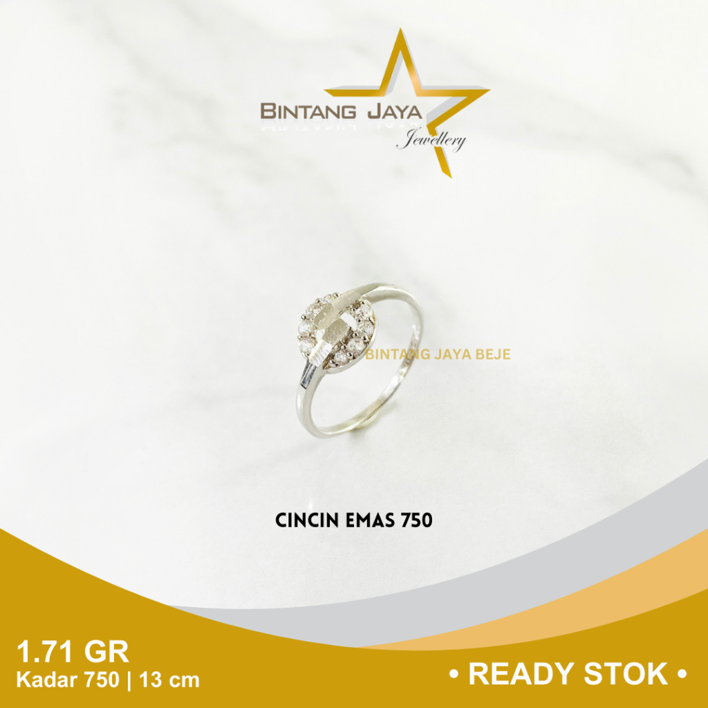 Cincin Emas Whitegold Kadar 750 17K Berat 1.71 gr gram Size Ukuran 13 Model Bulat Mata Putih Cicin W