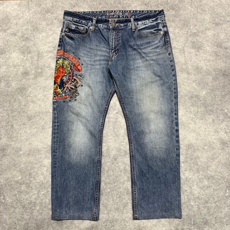 NIPPON BLUE JIZO BOSATSU VINTAGE Embroidered Skull Authentic Y2K Japanese Denim jeans (38) used