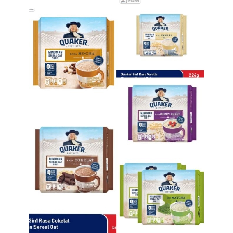 

Paket 5 varian minuman Quaker oat 3 in 1 (Mocha, coklat, vanilla, burst berry, matcha)
