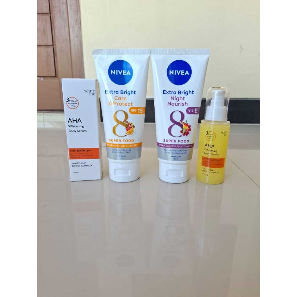 siang malam perawatan badan | nivea care&protect | night nourish | aha whitening inc