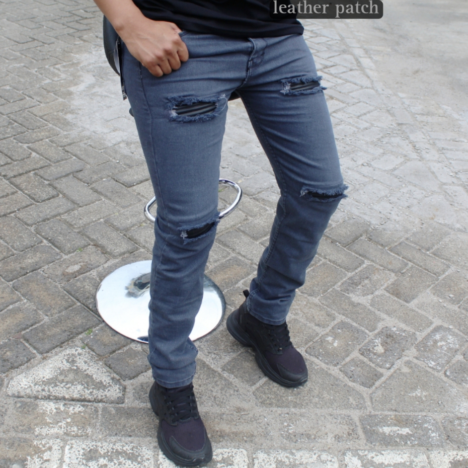 Celana Sobek Tambal LEATHER PATCH / Celana Starboy Ripped / Celana Bikers Pria
