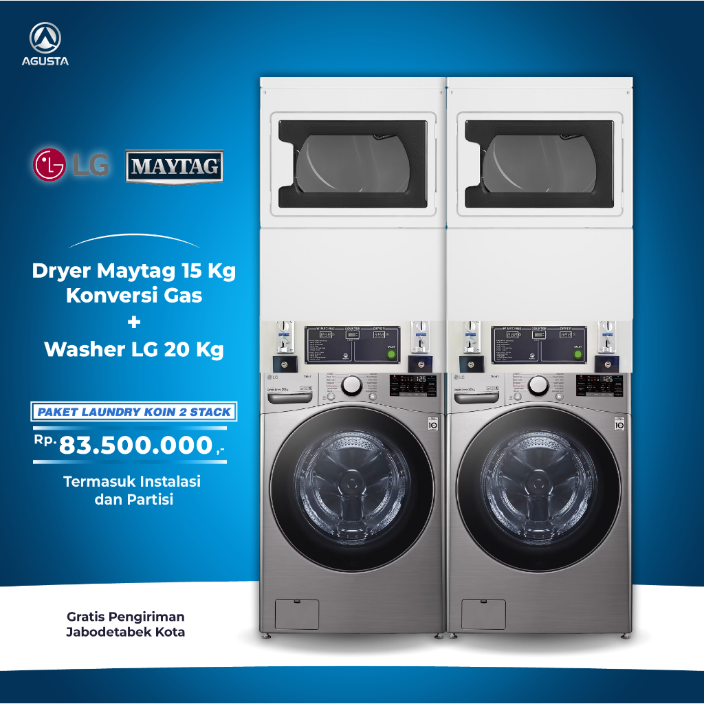 Paket Mesin Laundry 2 Stack Mesin Cuci LG 20kg & Mesin Pengering Maytag 15kg
