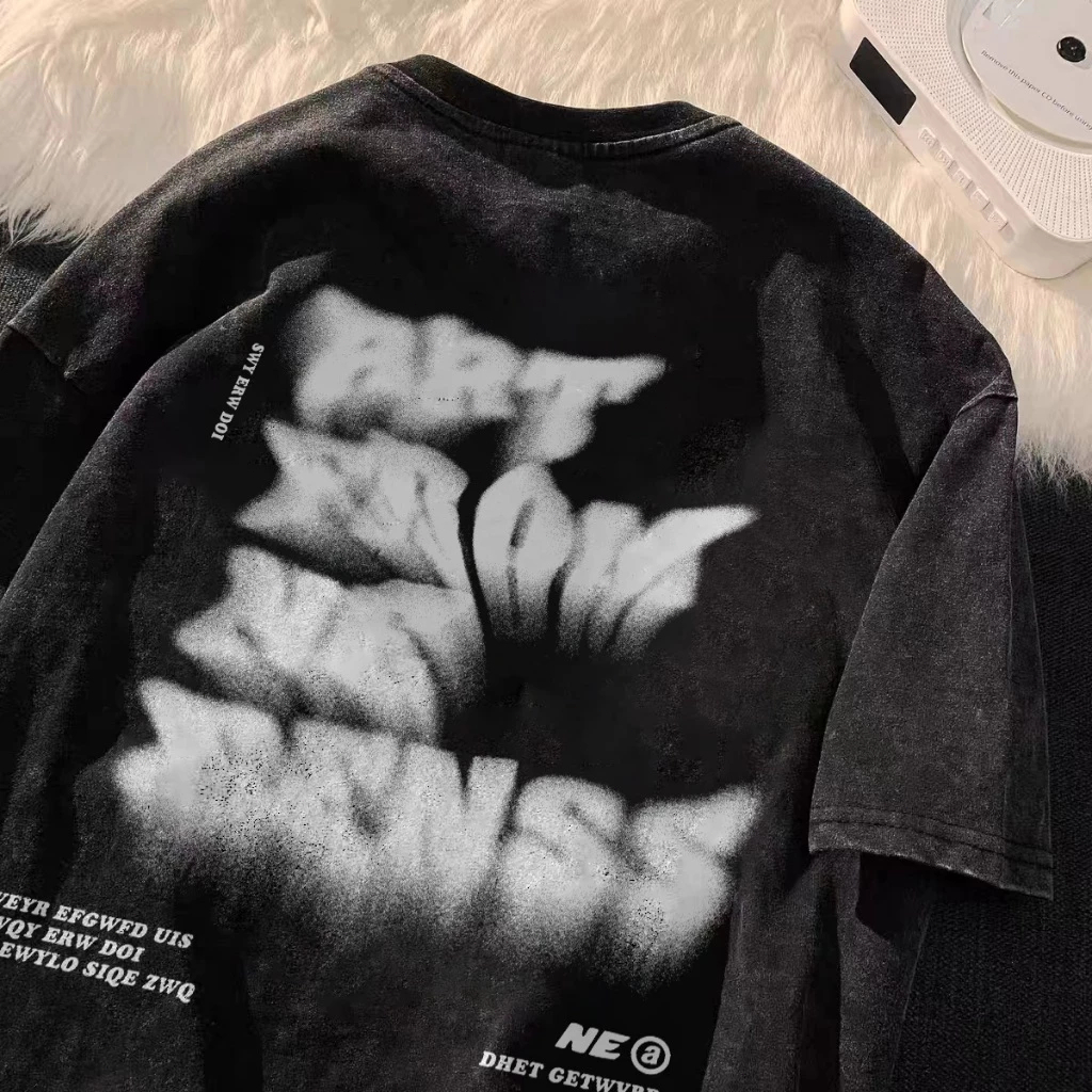 YUYU STUDIO | Washed Hitam Kaos Oversize Lengan Pendek Baju Oversize Wanita T-Shirt black ink englis