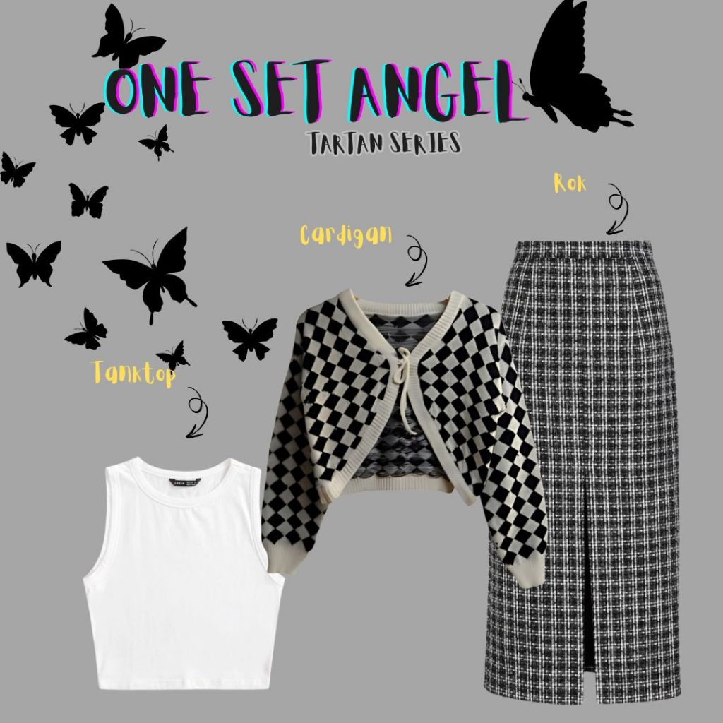 One Set Angel Cardigan + Tanktop + Rok Tartan Outfit Wanita
