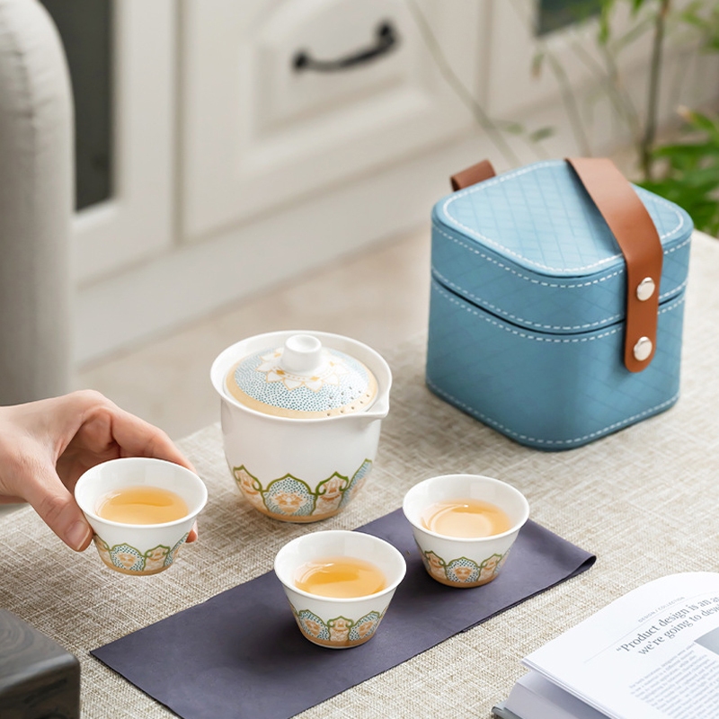 Set Teh Hadiah Keramik Premium Set Teh Bepergian Set Teh Kecil Set Mangkuk Tertutup Cangkir Teh Set