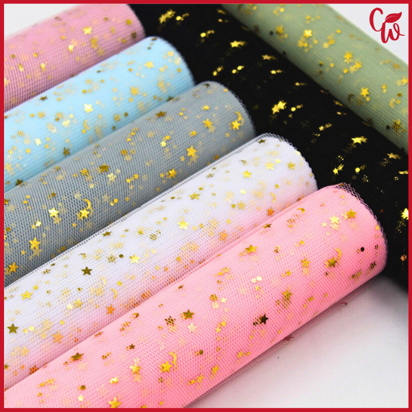 

ROLL Tile Jaring Pembungkus Bunga Gold Star Glitter Buket Bunga Motif Star Moon KB47
