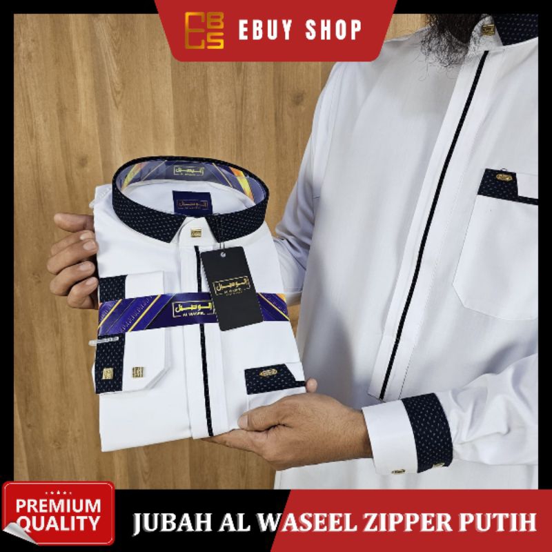 Gamis Jubah Putih Alwaseel Kombinasi Kancing gold / Jubah Al Waseel Katun / Gamis Lengan Panjang Man