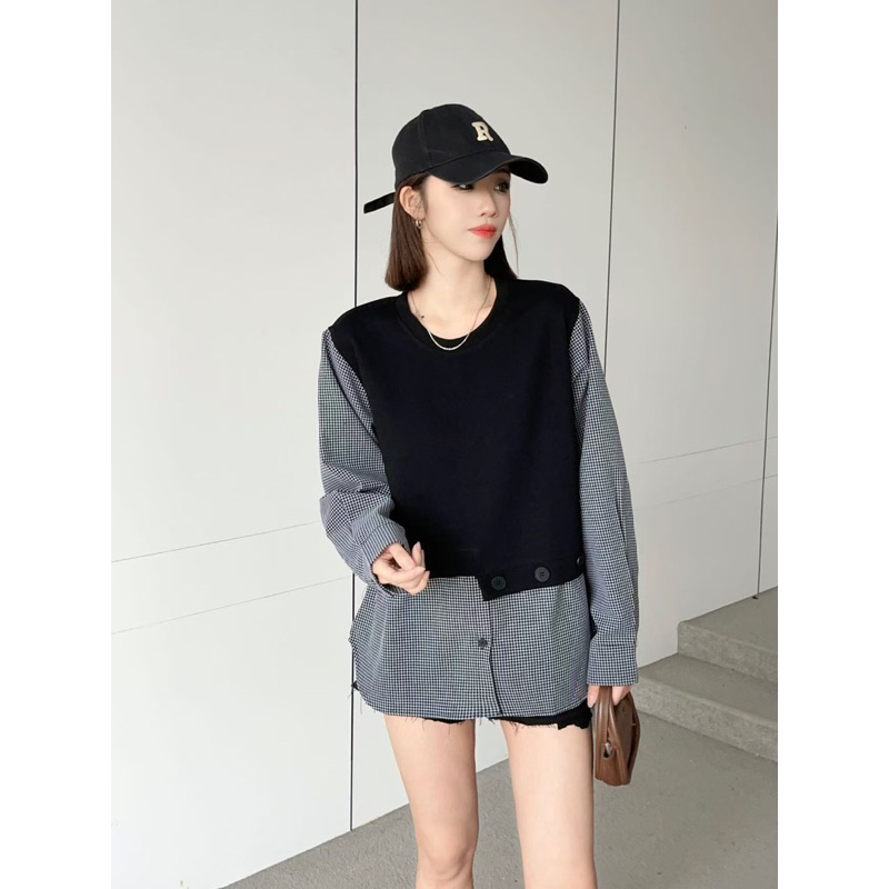 Nineties Studio - Sweater kombinasi kemeja kotak / sweater korea / sweater kemeja / sweater 2 warna 