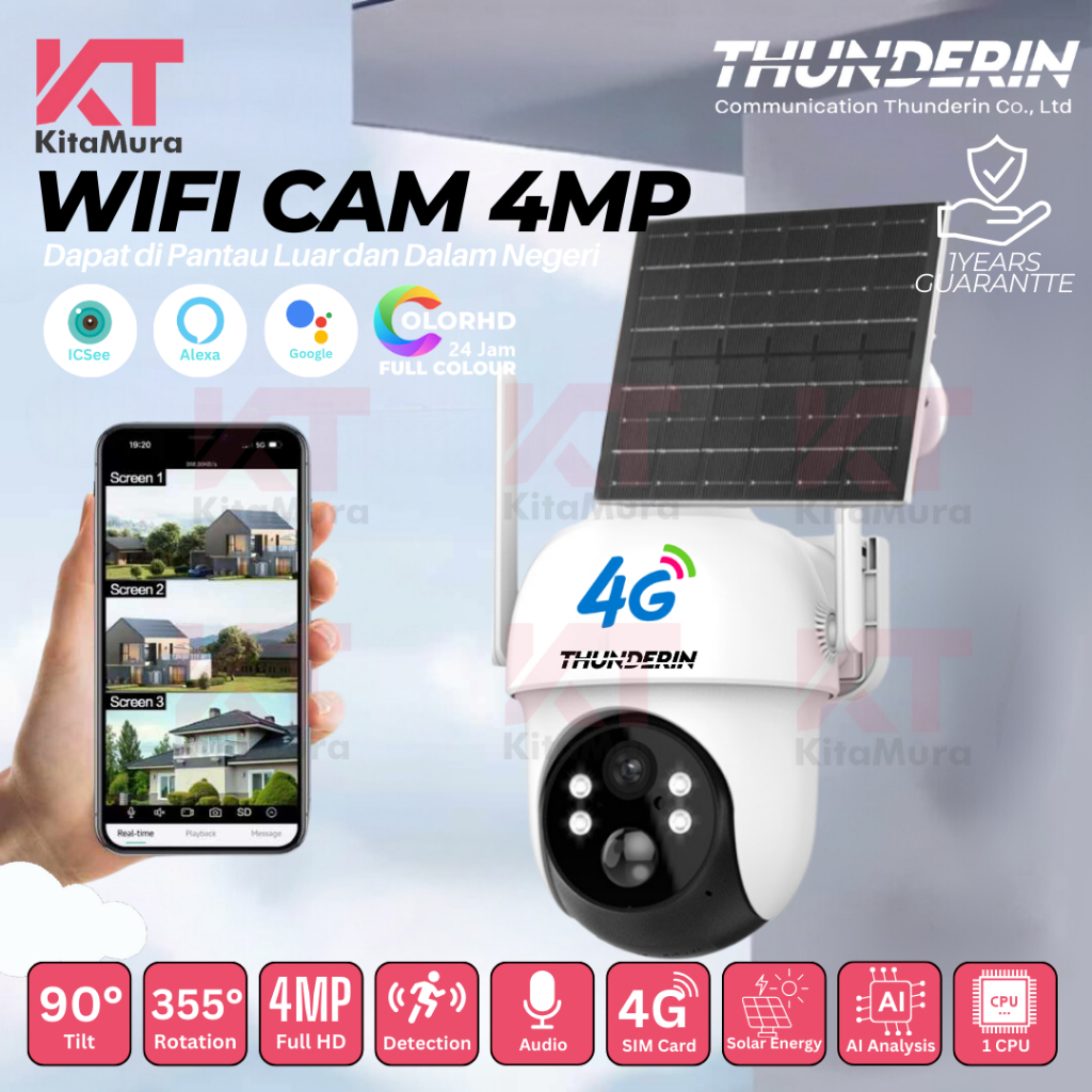 Thunderin IP WIFI Solar Panel Support Simcard 4G , Camera PTZ Outdoor IP66 Icsee APP