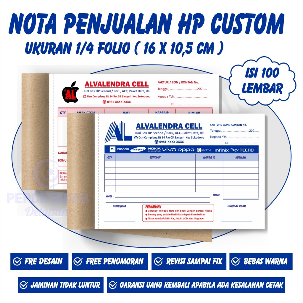 

Nota penjualan HP 2 ply custom ukuran 1/4 folio ( 16x10,5 cm ) nota konter hp nota penjualan hp