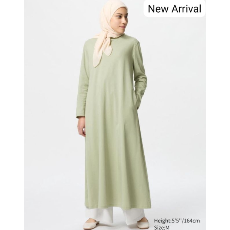 UNIQLO Dress AIRism Katun Gaun Flare Lengan Panjang Original