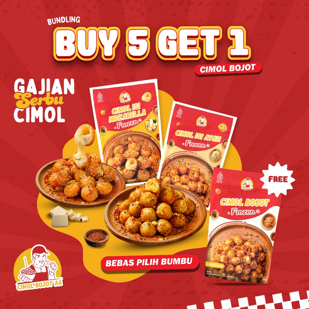 

Paket Mukbang 5 Cimol Bojot AA isi Ayam + Cimol Bojot Original (Buy 5 Get 1)