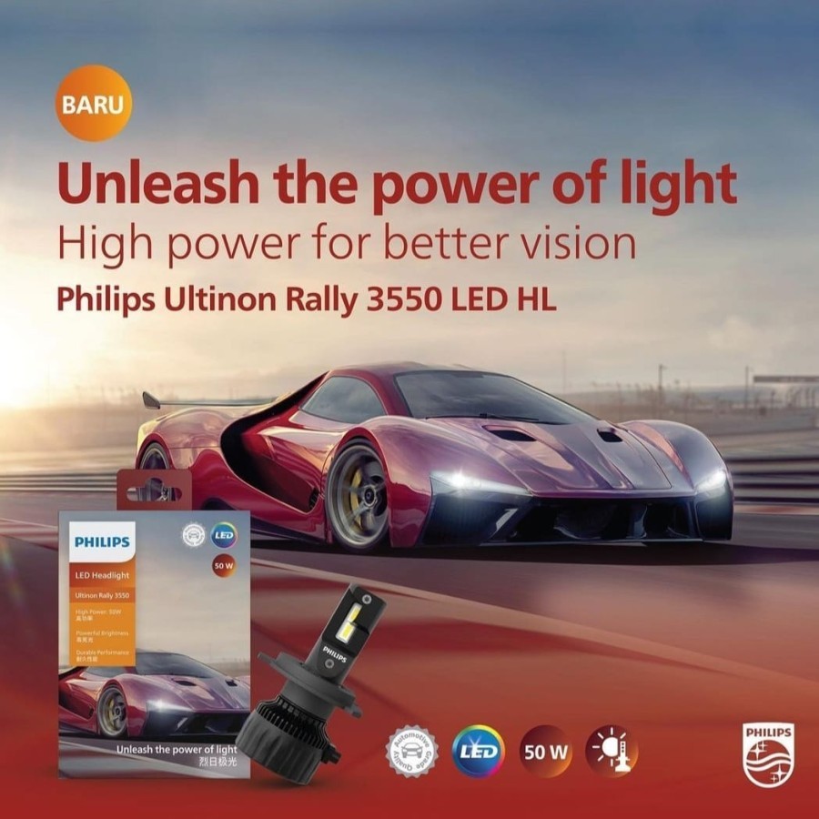 Bohlam LED Philips Ultinon Rally 3550 H4 HIR2 H11 H7 HB3 HB4 2x50watt ORIGINAL ( Mobilio Brio RS Pro