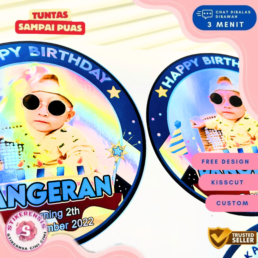 

9-15 Sticker Ulang Tahun Anak Hologram Anti Air Stiker Label Undangan Happy Birthday Uk.Besar SR