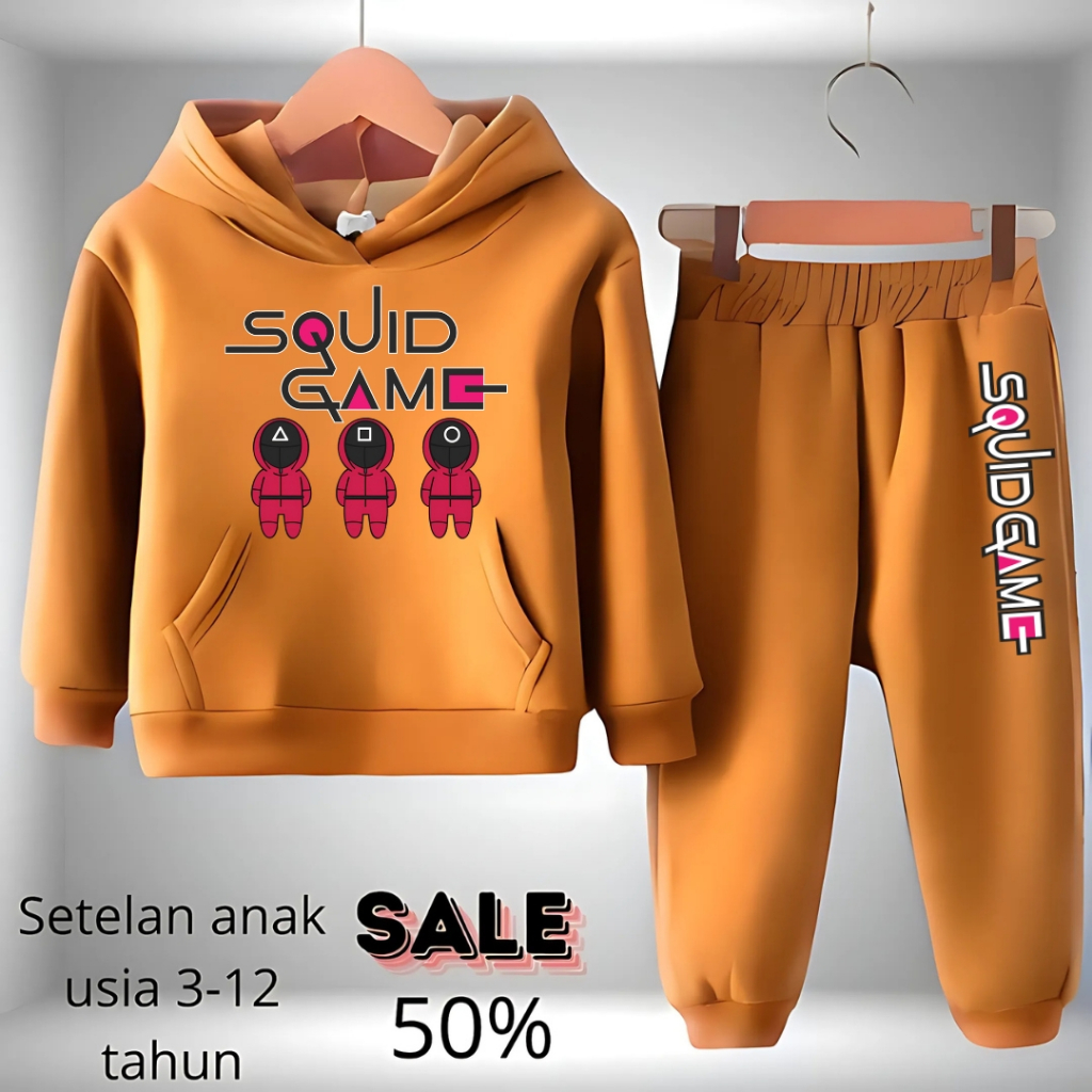 Setelan sweater anak laki laki motif squid game untuk usia 3-12 tahun