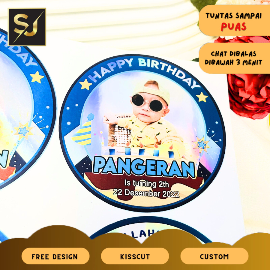 

2-4 Sticker Undang Ulang Tahun Anak Label Stiker Happy Birthday Sangjaya Bahan Hologram Anti Air