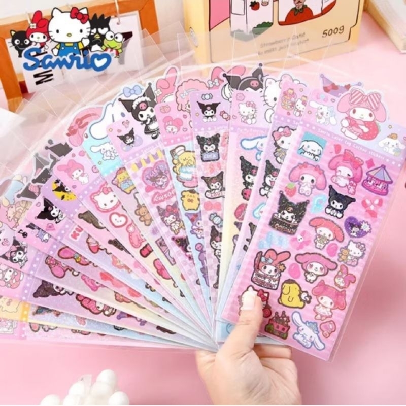 

Stiker karakter Sanrio hologram motif Kuromi / Melody / Cinnamorol / Lotso lucu