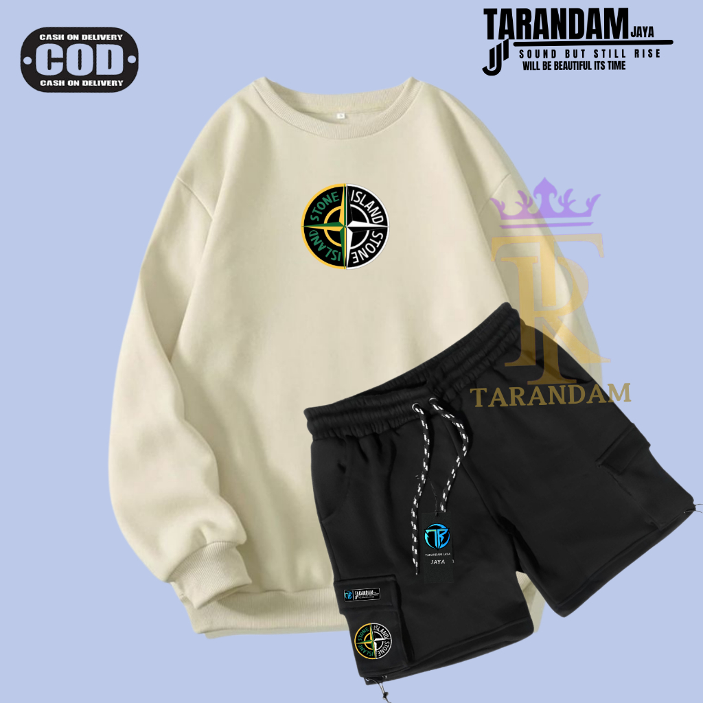 Stelan Crewneck Cargo Pendek Pria Wanita Warna Cream Motif Stone Island Terbaru Tarandam Jaya One Se