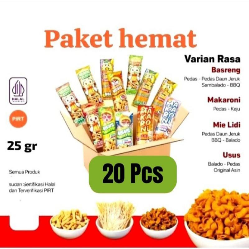 

Paket Bundling Snack 20 Bungkus - BASRENG | MIE LIDI | USUS | MAKARONI PREMIUM 25gr
