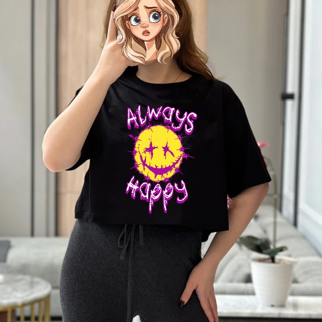 baju croptop oversize always happy croptop smile ikon