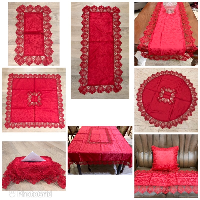 Taplak meja tamu / table runner/ taplak meja kecil / taplak bulat dan kotak model renda polos Merah 