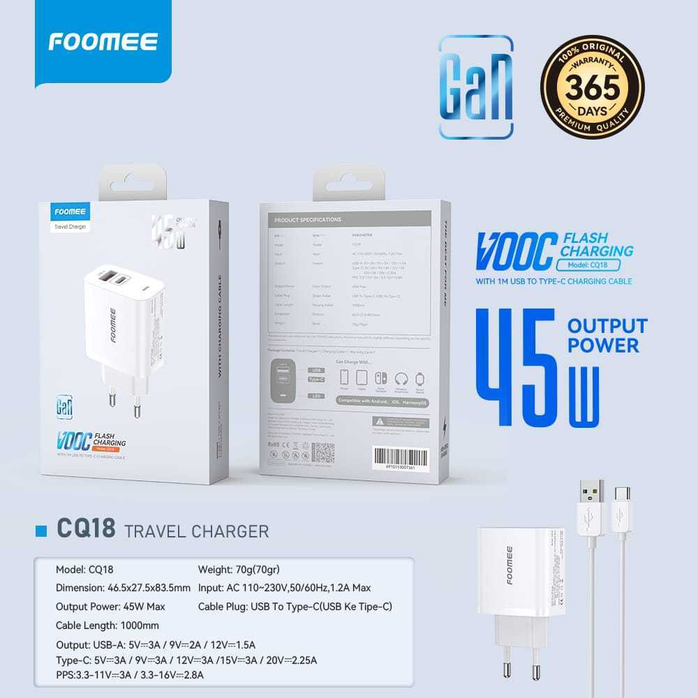 Foomee Travel Charger Dan Adaptor kabel For Type-C To Type-C USB To Type-C 18W 20W 22.5W 35W 45W USB
