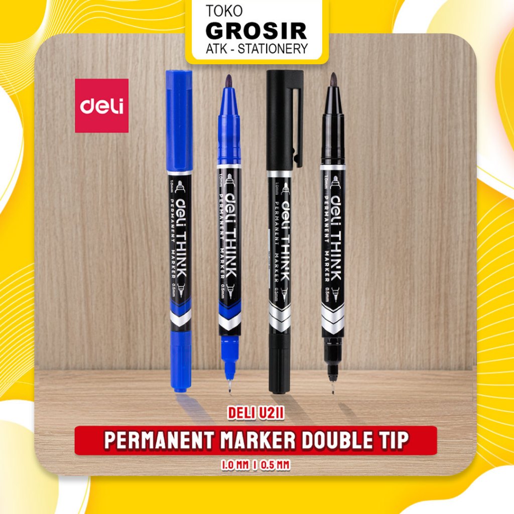 

(1 PCS) Spidol Deli Think U211 Permanent Marker Dual Tip 2 Ujung / Spidol Permanen 2 Mata Blue Black