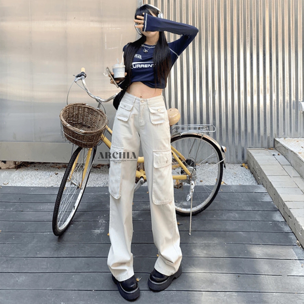 Celana Cargo Wanita Highwaist Loose pants - Celana Cewek Celana Cargo Wanita Korea(realpict)