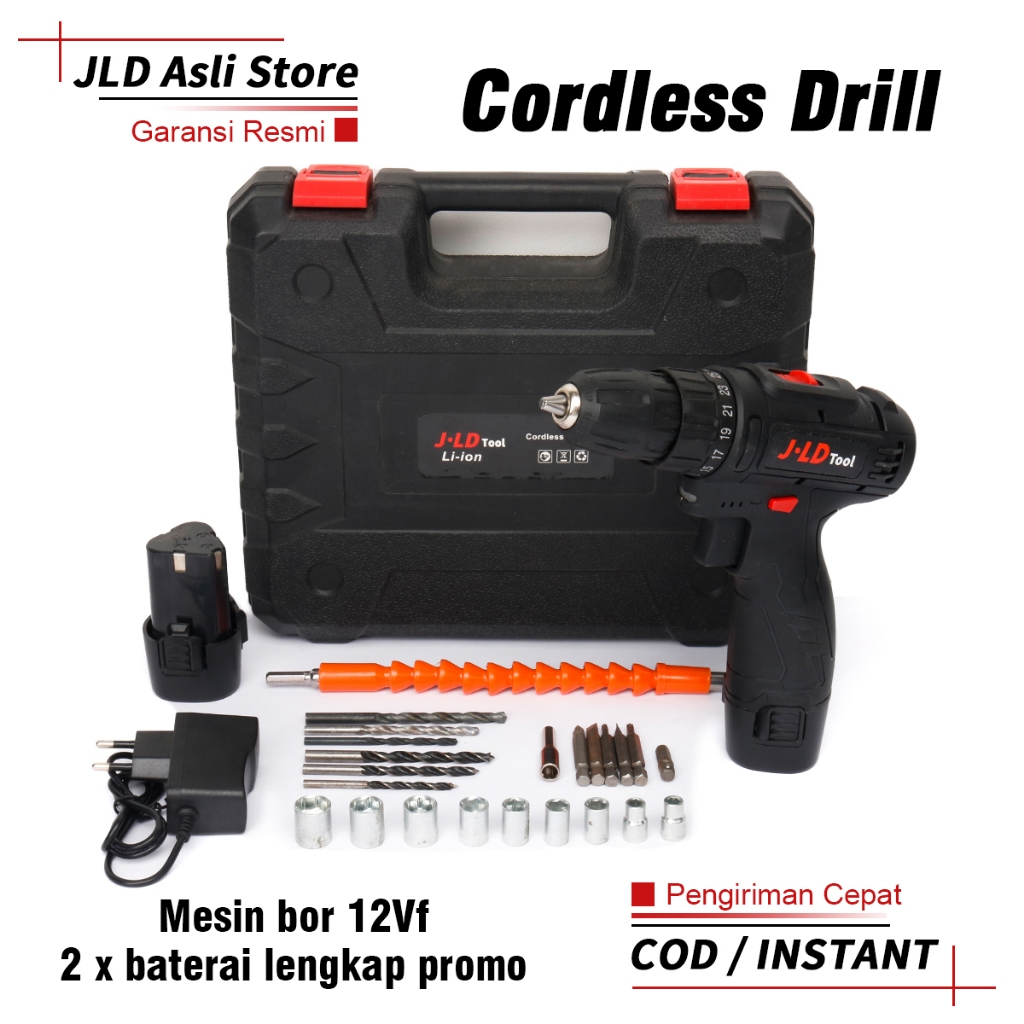 JLD 12Vf Mesin Bor Baterai Murah Berkualitas Bor Cas Jld Bor Case 2 Batre Fullset Portable 25+1 Cord