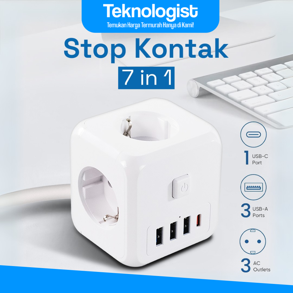 Stop Kontak Power Strip 7 in 1 Multi Saklar USB Type C Port Cube Wall Socket Extension Mendukung 400