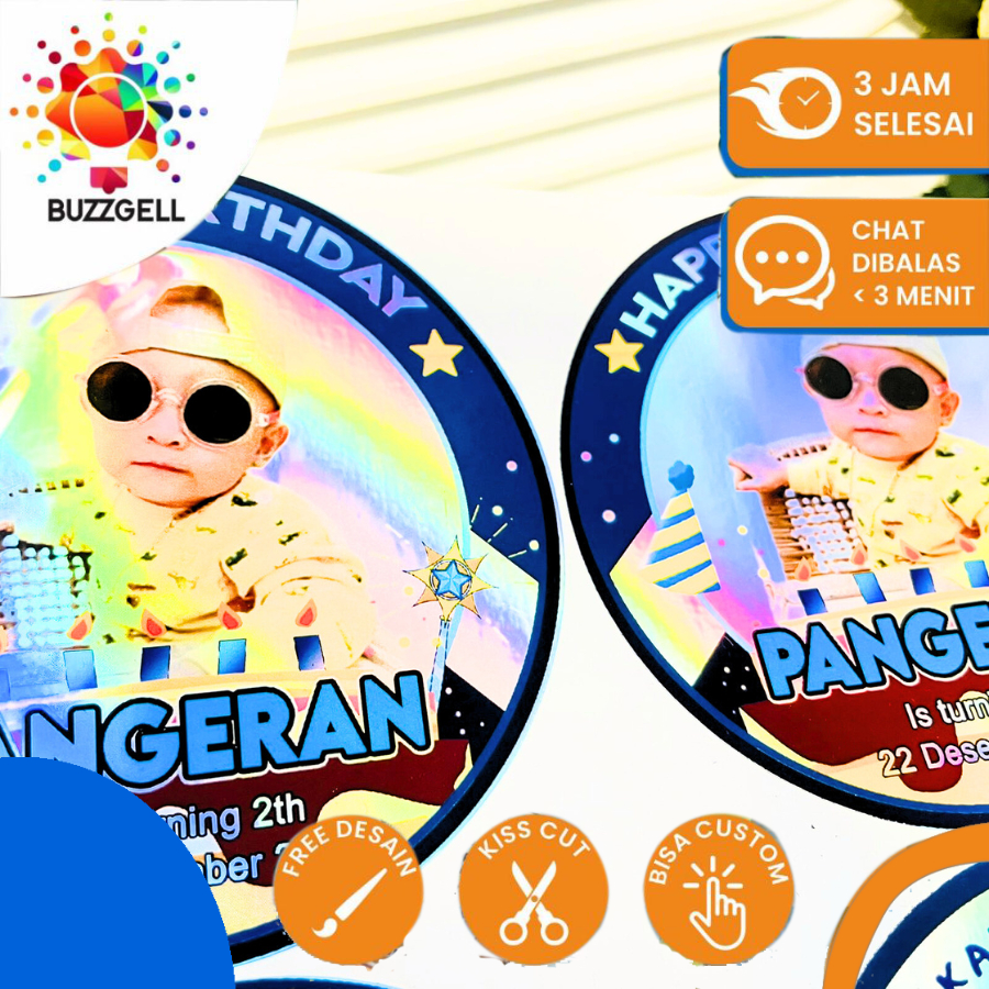 

9-15 Buzzgell Sticker Ulang Tahun Anak Hologram Anti Air Stiker Label Happy Birthday Uk.Besar