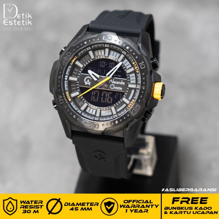 Jam Tangan Pria Alexandre Christie AC 9370 MHR AC Digi Digital Analog Yellow Black Strap Original