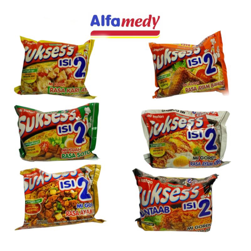 

MIE SUKSES ISI 2, rasa kari ayam 116g,ayam bawang 115g,ayam kecap 129g, ayam geprek 126g,rasa soto 111g,ayam kari 112g, ayam kremes 133g