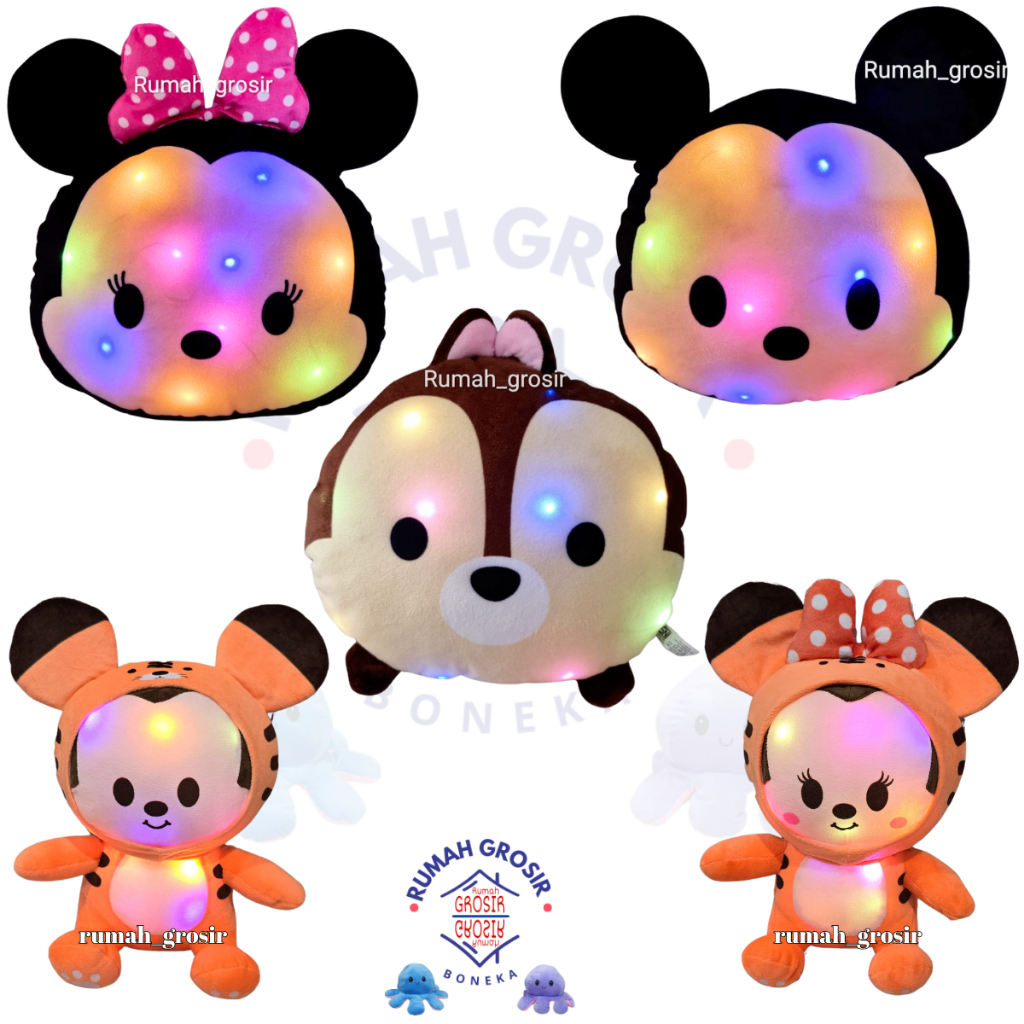 (Rumah Grosir Boneka) Bantal Boneka Tsum Tsum Mickey Minnie Chip LED Lampu
