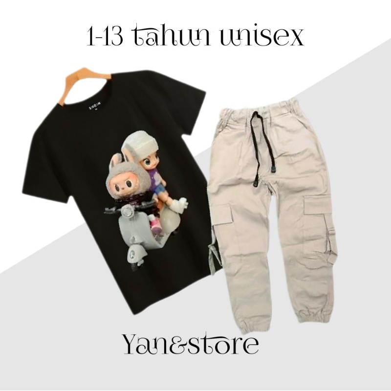 one set kaos labubu vesfa bucin joger kargo unisex 1-13 tahun