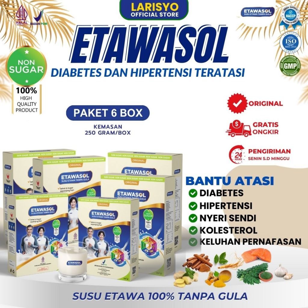 

Susu Kambing Etawa 100% Tanpa Gula Etawasol Untuk Diabetes, Hipertensi, Nyeri Sendi dan Pernafasan 250Gr Paket 6 Box