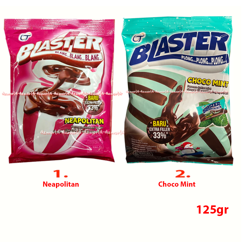 

Blaster 125gr Blang Blang Blang Neapolitan Stroberi Vanilla Isi Coklat Blaster Plong Plong Permen Mint Isi Coklat Produk OT