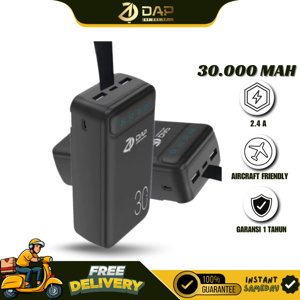 DAP D-P130 PowerBank 30.000mAh 4A Dual Input Port Type C & Micro USB Fast Charging Original - Garans