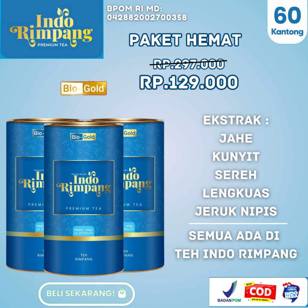 

Teh Indo Rimpang Bio Gold 3 Kaleng Minuman Herbal Alami untuk Tubuh Langsing Bebas Stres Original