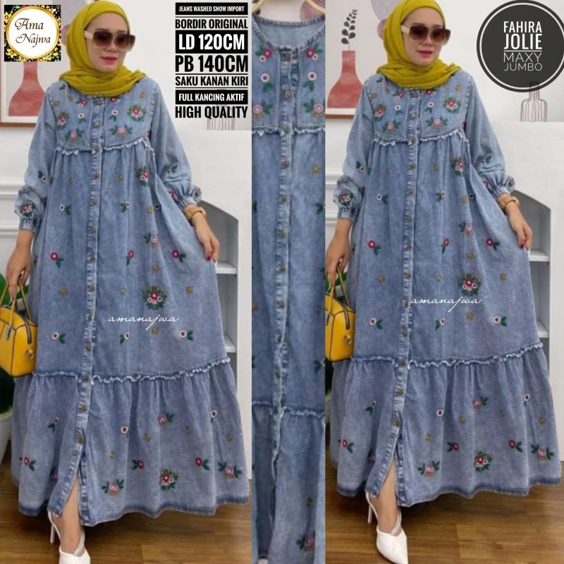 Gamis wanita Jumbo LD120 fahirajolie/Nirmala/zecko bahan jeans washed Premium fi to XXL By Ama Najwa