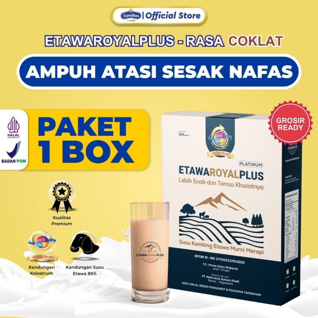 

ETAWAROYALPLUS Platinum - Susu Kambing Etawa Rasa Cokelat - Untuk Sesak Nafas dan Nyeri Dada Kemasan250gr Paket 1 box