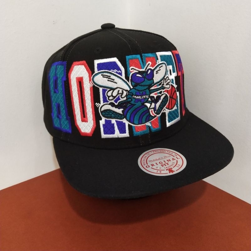 Topi Mitchell & Ness Original 100% NBA Charlotte Hornets Big Logo Varsity Bust Black New
