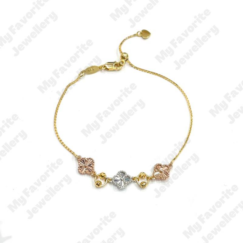 Gelang Serut Triple Clover Bola Emas Asli Kadar 700