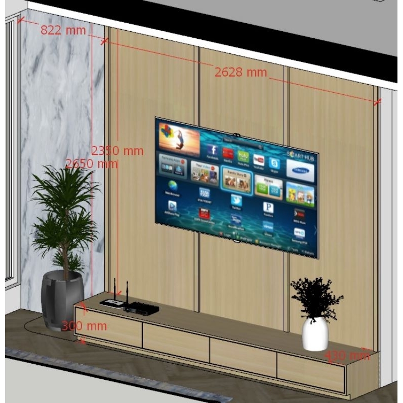 Set meja TV + panel dinding ruang TV (credenza + backdrop). furniture premium
