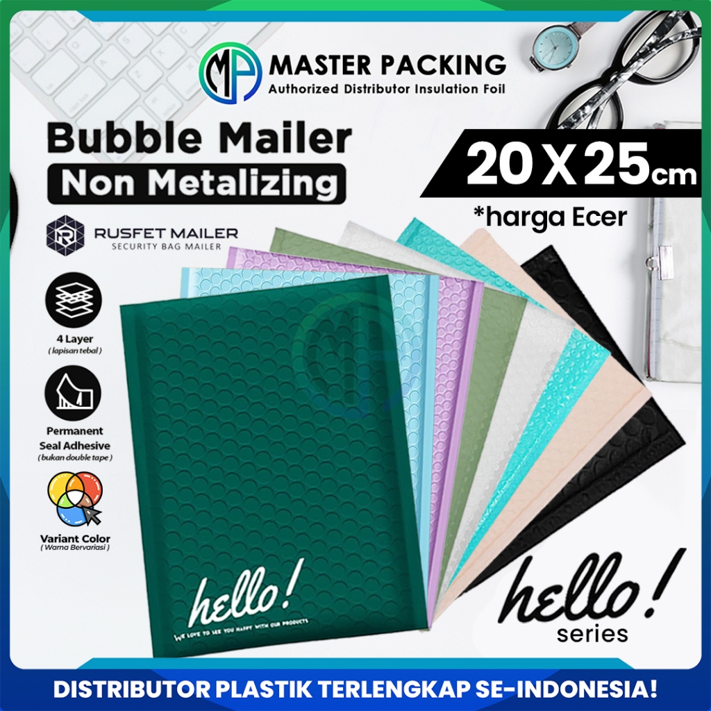 

Amplop Bubble Mailer Ukuran 20 x 25 cm Rusfet Premium Satuan / Ecer Murah Hello Series