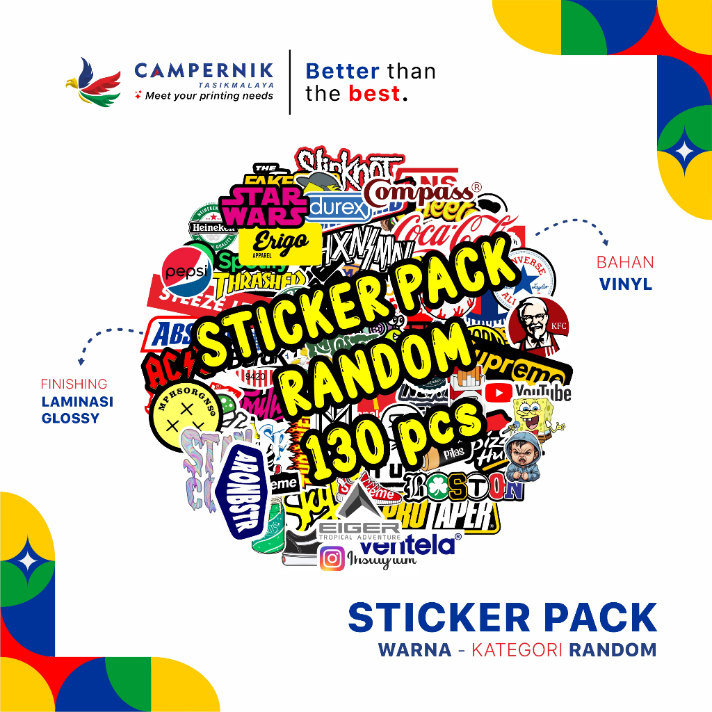 

STICKER PACK / PAKET MINI ISI 130 PCS / BAHAN GRAFTAC WATERPROOF / STIKER BRAND RANDOM