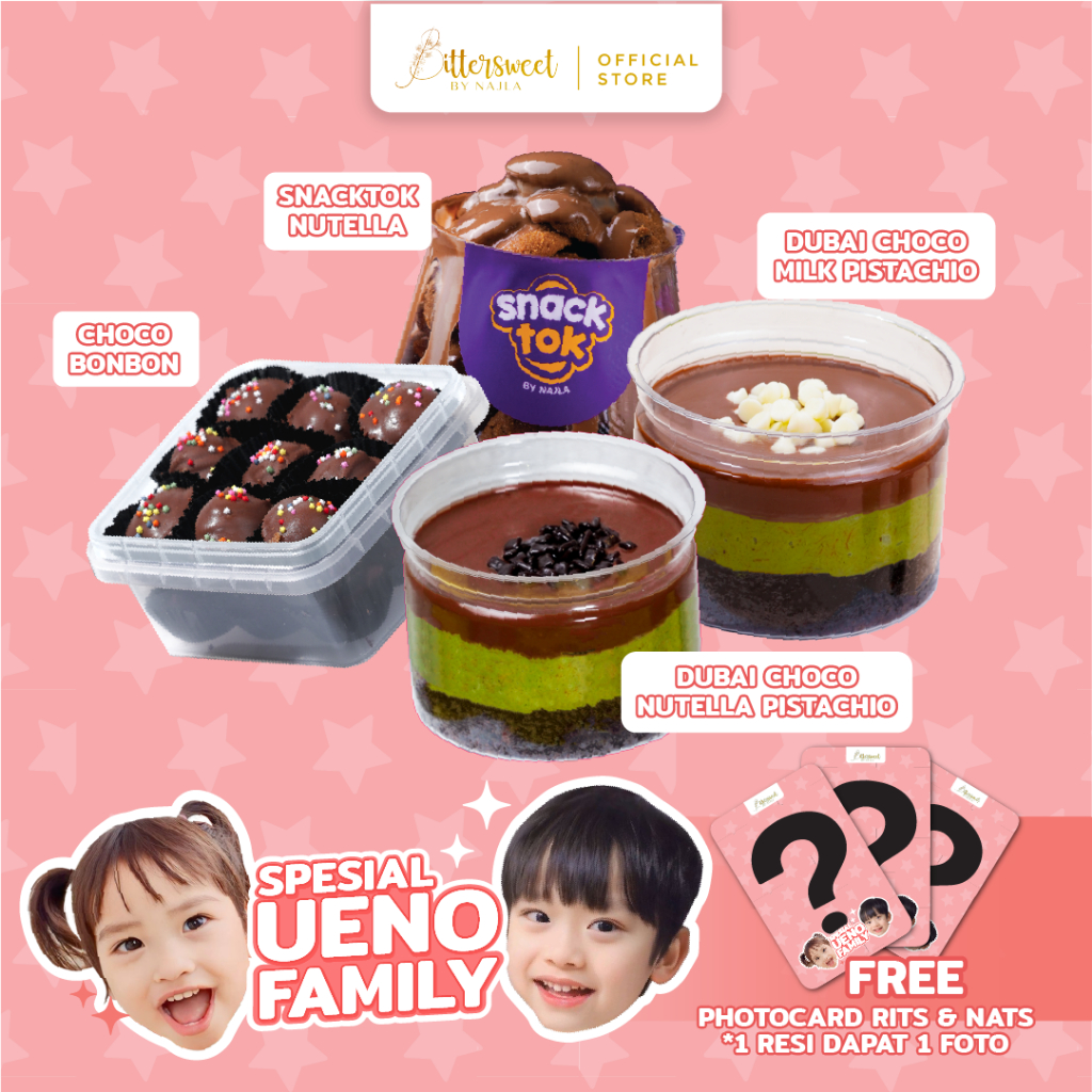 

[ Spesial UENO Family ] [ FREE Photo Card ] 2 Dubai Choco ( Milk Pistachio + Nutella Pistachio ) + Snacktok Full Cookies Nutella + Choco Bonbon ( 1 Resi dapat 1 Photo )