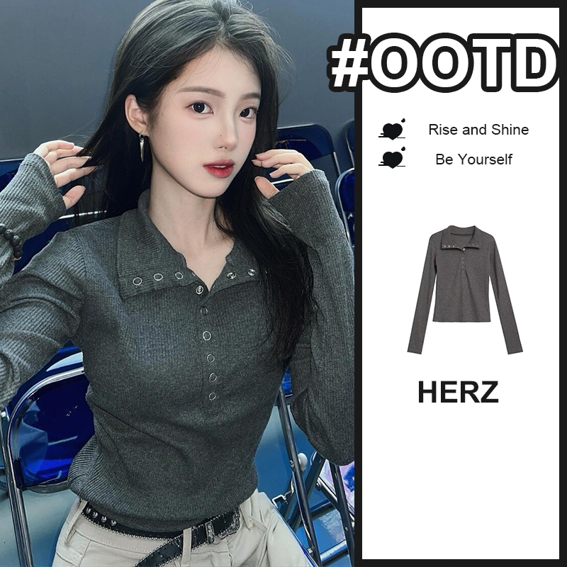 Abu-abu Kaos Atasan Slim Fit Berkancing Polos Rajut Kaos Lengan Panjang Hot Girl T Shirt Kaos Press 