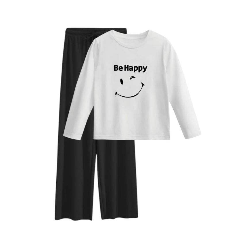 KAOS Setelan Kaos Lengan Panjang dan Celana Kulot Wanita Remaja style masa kini BEHAPPY SMILE